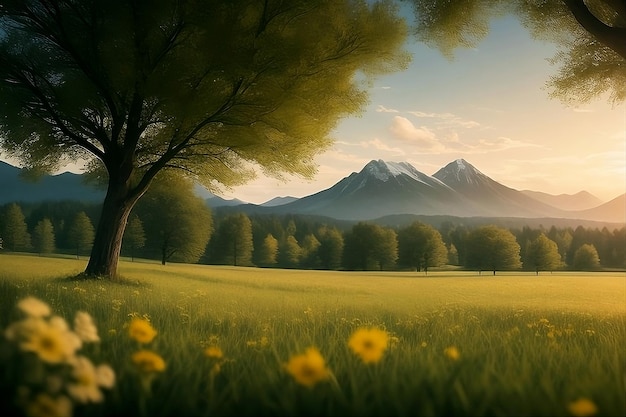 Foto bellissimo paesaggio paesaggistico tranquillo con fondo di prato e foresta di montagna