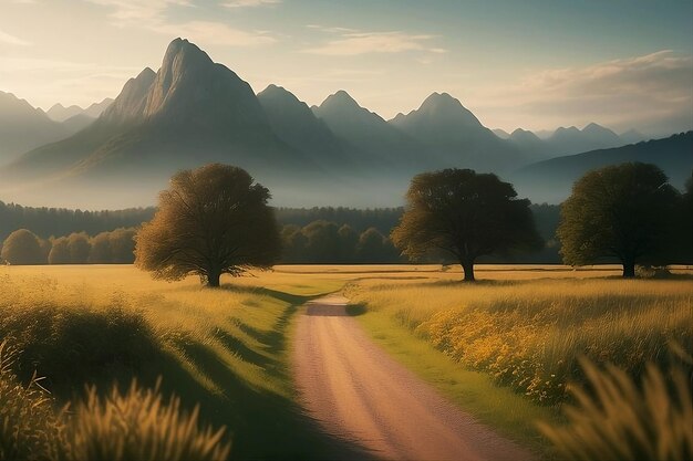 Foto bellissimo paesaggio paesaggistico tranquillo con sentiero a piedi sullo sfondo della foresta di montagna