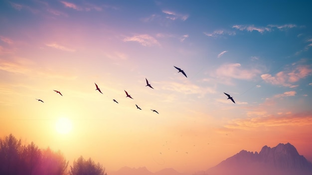 鳥と美しい静かな春の朝の空