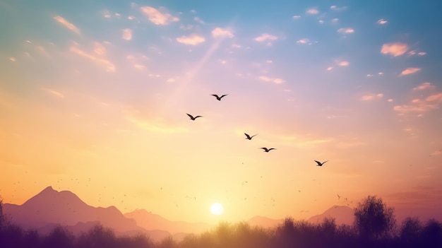 Красивое мирное весеннее утреннее небо с птицами