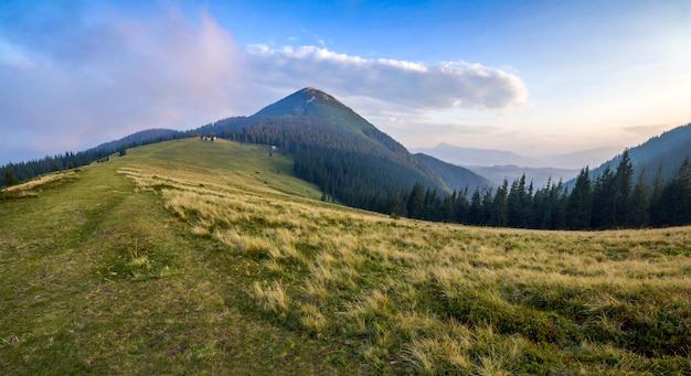 Beautiful peaceful view of green grassy steep slope and rural small peasant huts at the foot of magnificent distant Carpathian mountain in Ukraine on bright sunny summer day.