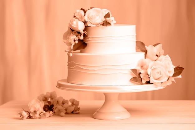 A beautiful peachcolored birthday cake on a background with a place to copy