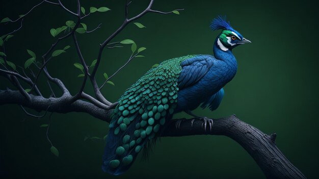 Beautiful Peacock on the brunch of tree Forest Background Ai generated