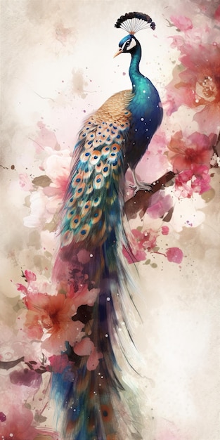 白い背景のポスターに美しい孔雀の花の水彩画