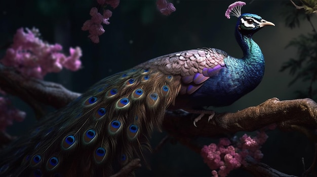Beautiful peacock on a tree with flowers in the backgroundgenerative ai