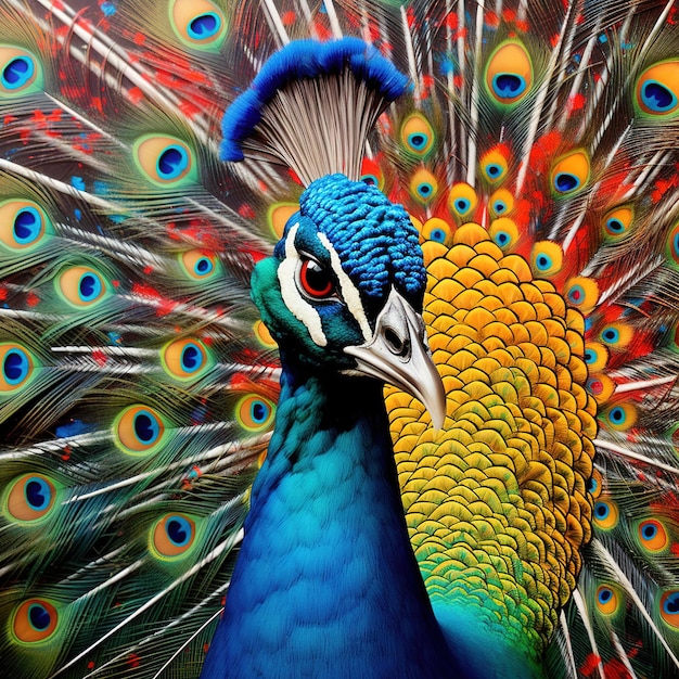 Beautiful peacock with feathers on a colorful background Closeup AI generative