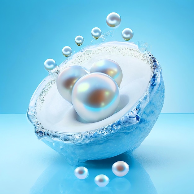 白いオイスターに美しい真珠 浅い青い背景 小さな空気泡が上昇しています 超現実的