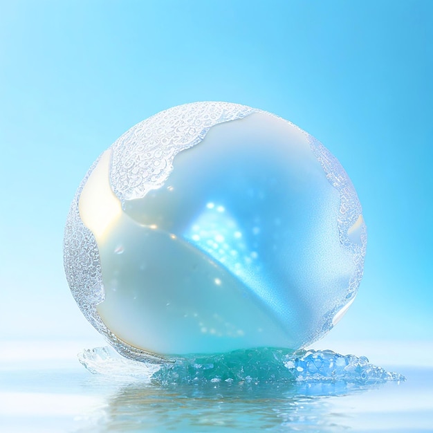 Photo beautiful pearl on white oyster very light blue background small air bubbles rising hyperreal