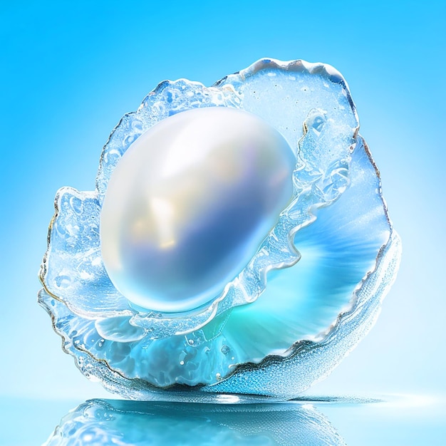 beautiful pearl on white oyster very light blue background small air bubbles rising hyperreal