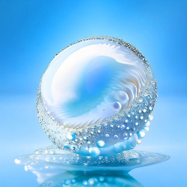 白いオイスターに美しい真珠 浅い青い背景 小さな空気泡が上昇しています 超現実的
