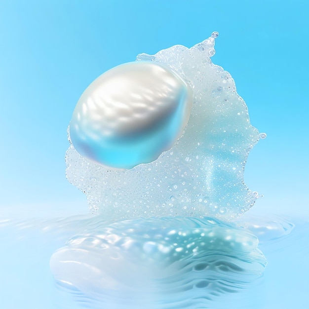 beautiful pearl on white oyster very light blue background small air bubbles rising hyperreal