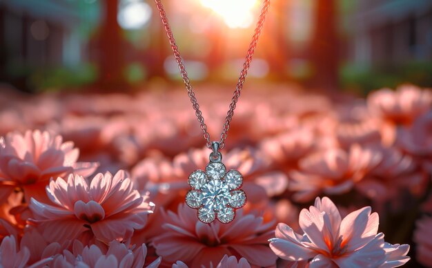 Beautiful pendant with diamonds on background of flowers Luxury jewelry