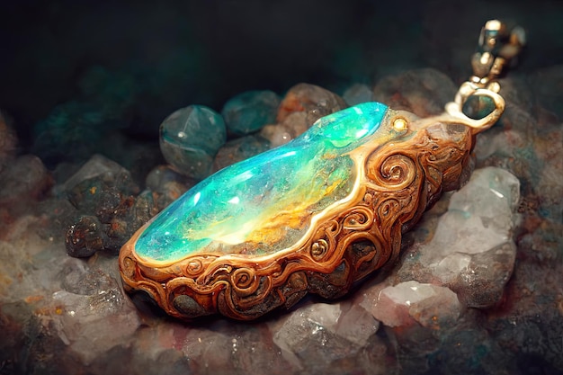 a beautiful pendant with a green stone inside.