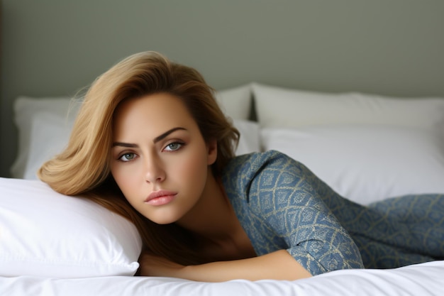 Beautiful pensive girl lying on bed while looking straight ahead