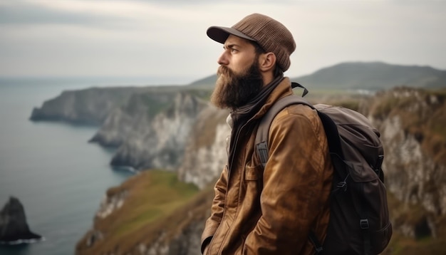 Beautiful pensive male in the mountains