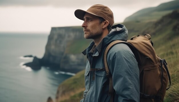 Beautiful pensive male in the mountains