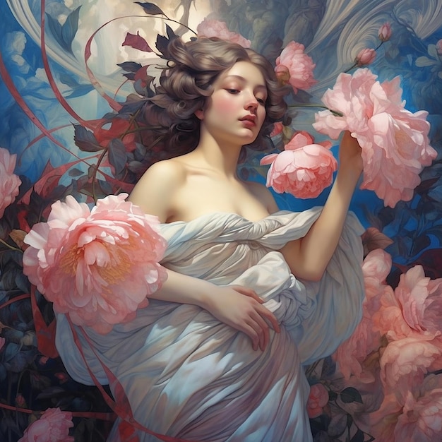 Beautiful peonies girl with body flowers Generative AI