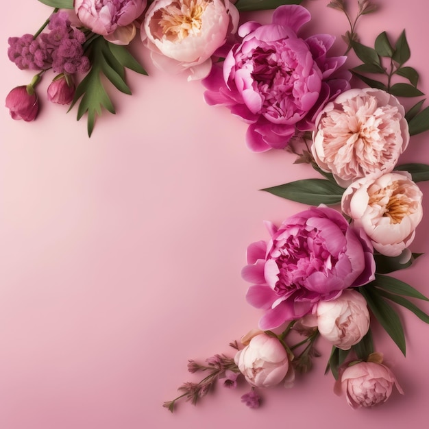 Beautiful Peonies roses on pink background with copy space Generative AI image weber