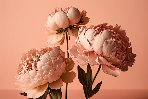 Beautiful peony flowers on pink background Illustration AI Generative