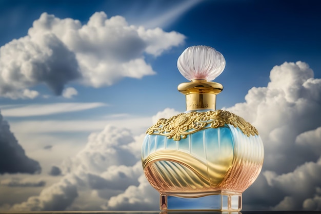 Beautiful perfume bottle against the background of the sky and clouds Neural network AI generated art