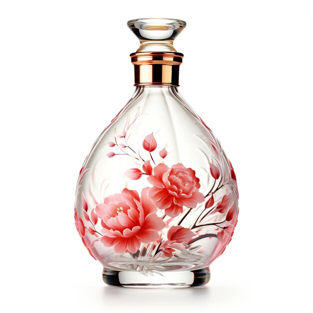 Beautiful perfume bottle decorated with flowers isolated on a white background