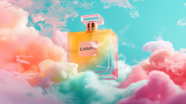 A beautiful perfume bottle sits on a bed of pink and blue clouds The bottle is made of glass and has a gold cap