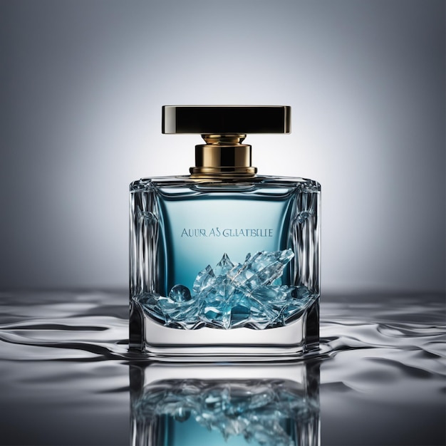 A beautiful perfume bottle with water on it with a dark deluxe box presented in a dark environment