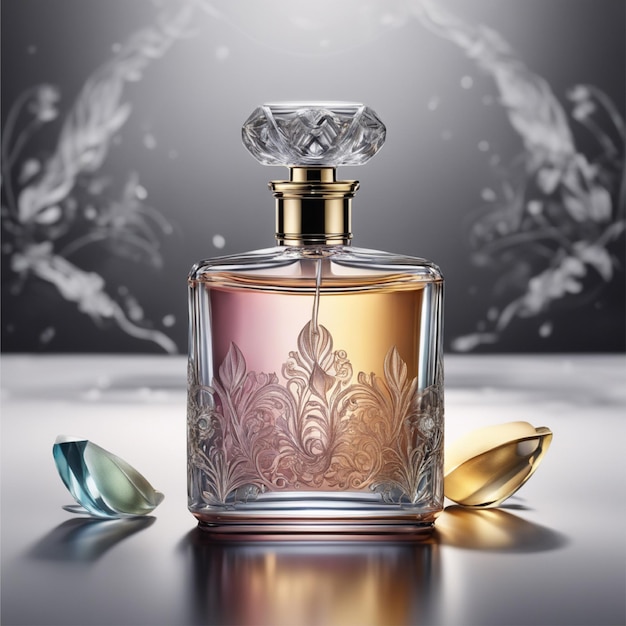 A beautiful perfume bottle with water on it with a dark deluxe box presented in a dark environment