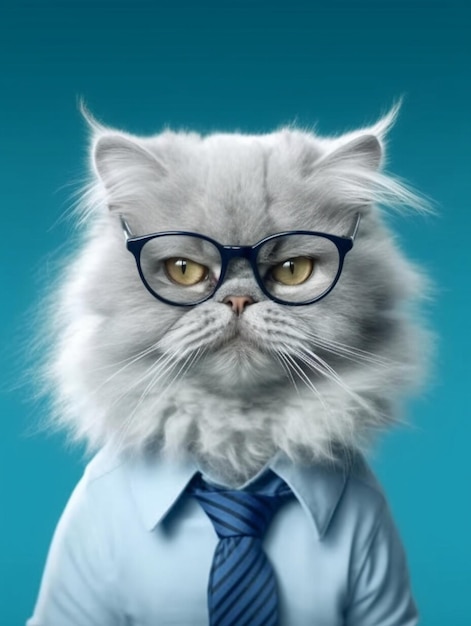 Beautiful Persian cat wearing eyeglasses on blue background