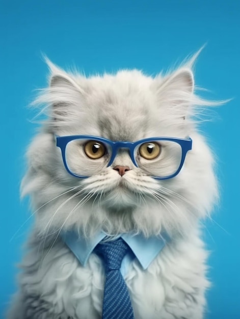 Beautiful persian cat wearing eyeglasses on blue background