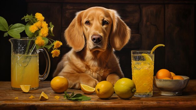 Beautiful pet portrait of dog with juice