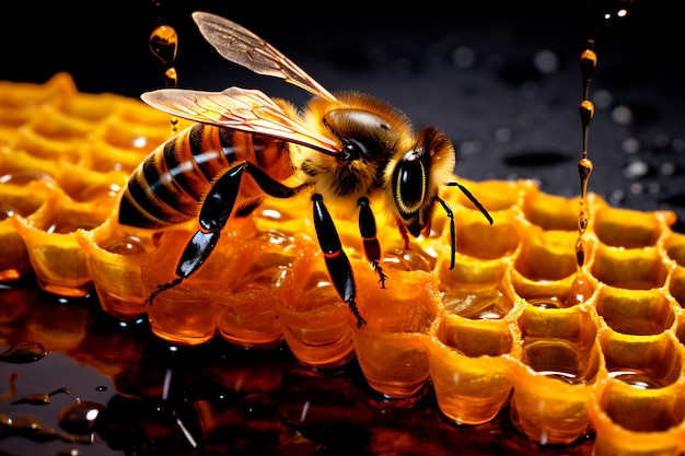 A beautiful photo of bees on a honeycomb Bees and home honey Drops of honey