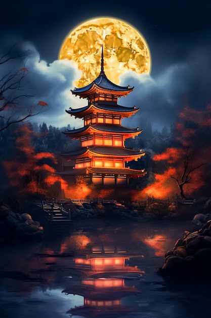 山のヴィータを背景にした美しい写真の中国寺院中秋節 Ai が生成