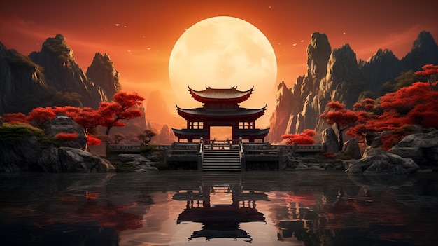 山ヴィータの背景を持つ美しい写真の中国寺院中秋節愛が生成