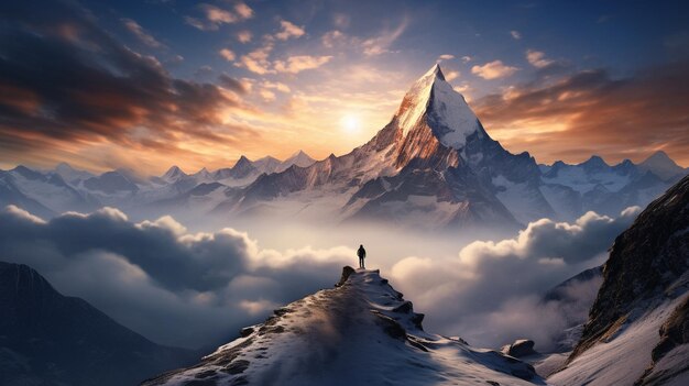 Фото Красивая фотография снежного горного человека, стоящего в центре