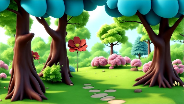 beautiful photography 3d Cartoon Forest scene trees flower garden at daytime