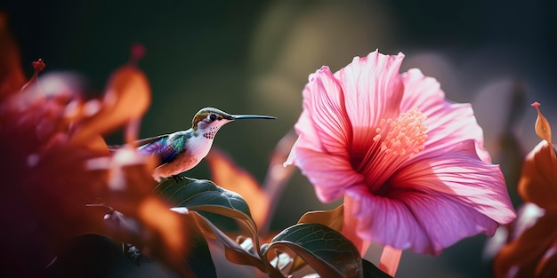 ハイビスカスの花を食べている雄大なハチドリの美しい写真