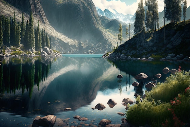 Красивое фотореалистичное озеро возле горы с красивой природой