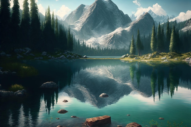 Beautiful photorealistic lake near mountain with a beautiful nature environment