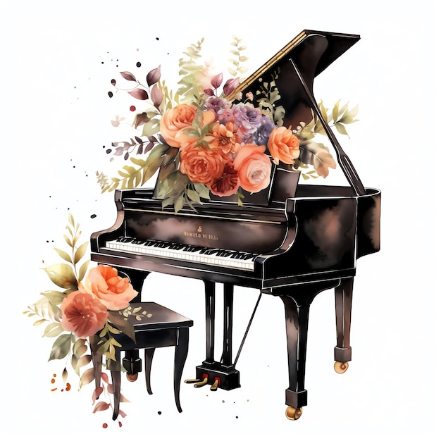 Beautiful piano pastel with flowers in watercolor style photorealistic piano in the forest
