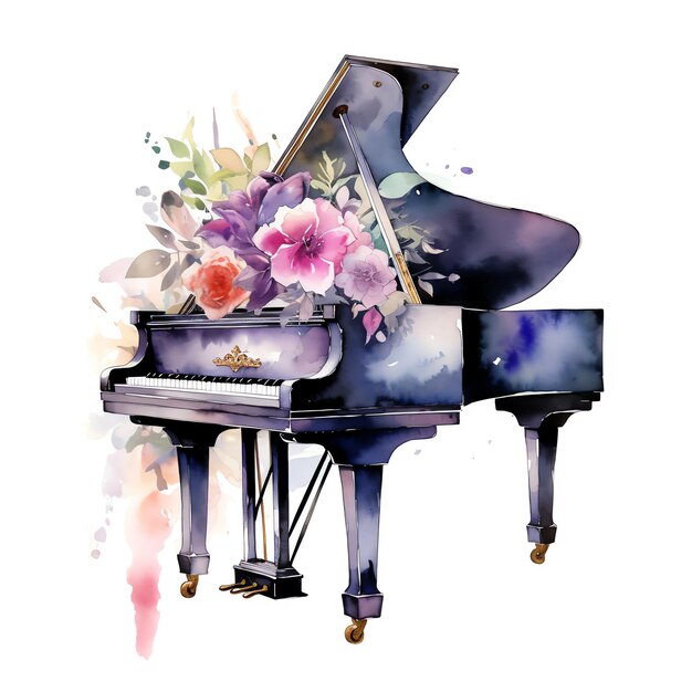 Beautiful piano pastel with flowers in watercolor style photorealistic piano in the forest