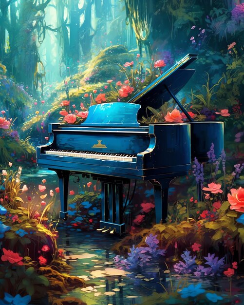 Beautiful piano pastel with flowers in watercolor style photorealistic piano in the forest