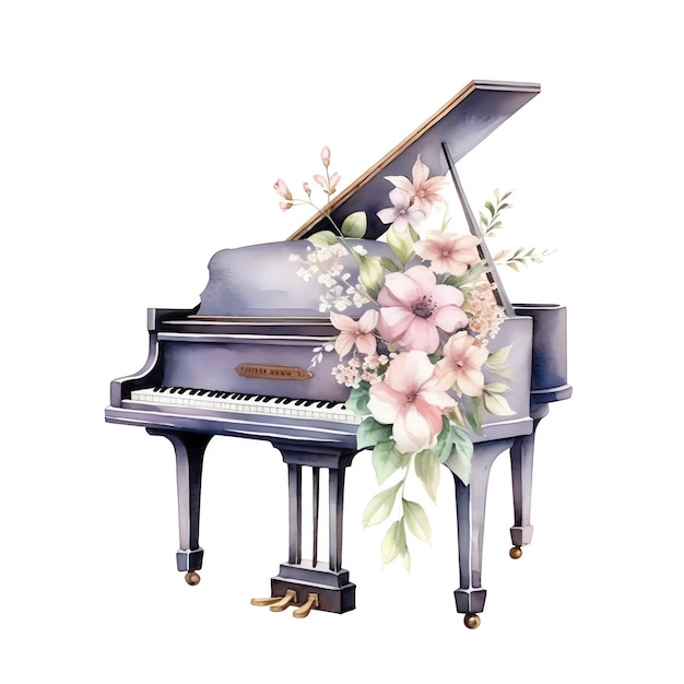 Photo beautiful piano pastel with flowers in watercolor style photorealistic piano in the forest