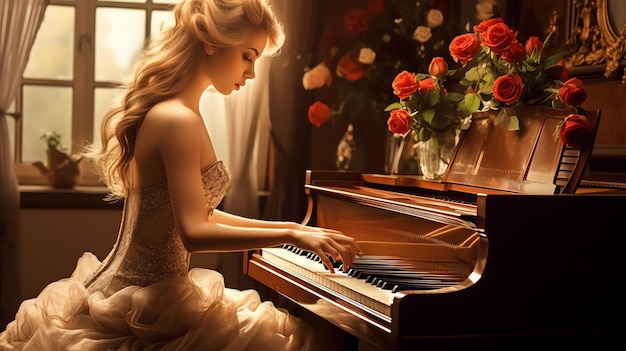 Beautiful piano pastels with flowers are growing watercolor Mystery magic photorealistic piano