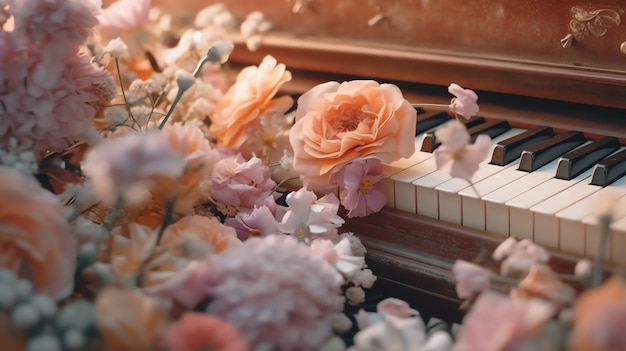 Beautiful piano with flowers are growing photorealistic piano in the forest