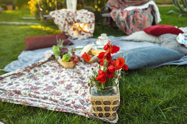 Beautiful picnic spot on the lawn at sunset in Provence