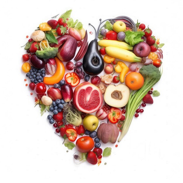 Photo beautiful picture of hyper realistic heart made from vegetables fruits nuts flowers and stethoscope