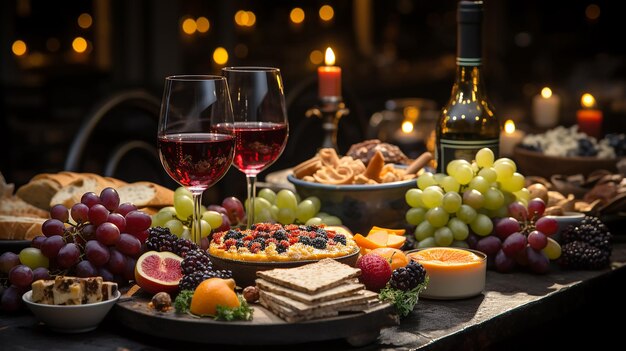 Beautiful picture illustration of a Christmas table with delicacies drinks berries and fruits with festive highlights and lights Generated by AI