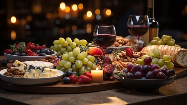 크리스마스 테이블에 맛있는 음료, 베리, 과일과 축제 하이라이트와 조명을 가진 아름다운 그림 일러스트레이션