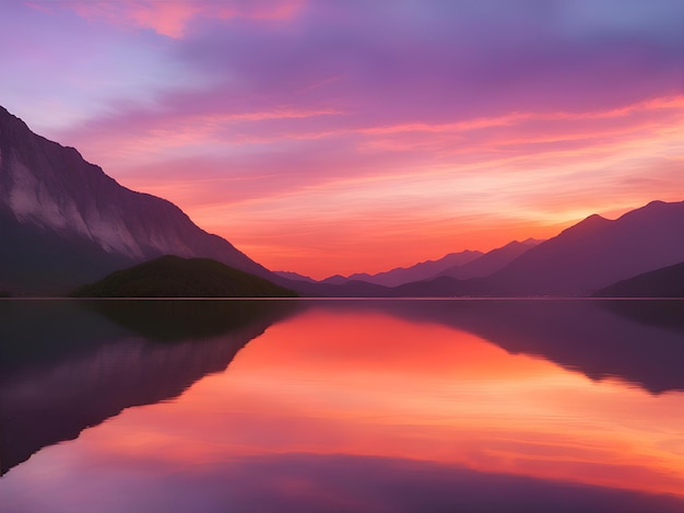 beautiful picture of a mesmerizing sunset reflecting on the water against the mountains